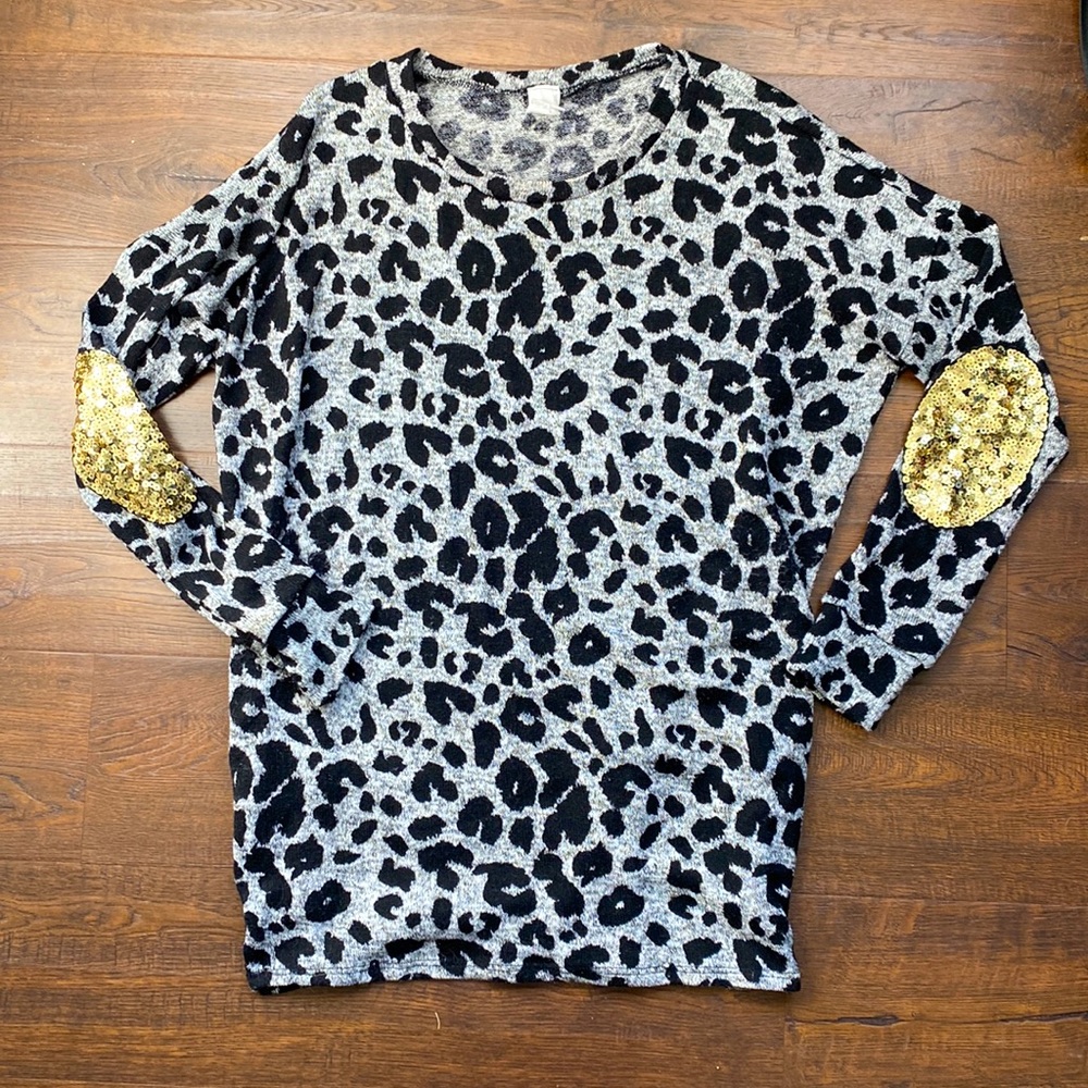 Pinkblush leopard print sweater with gold sequin elbow patches